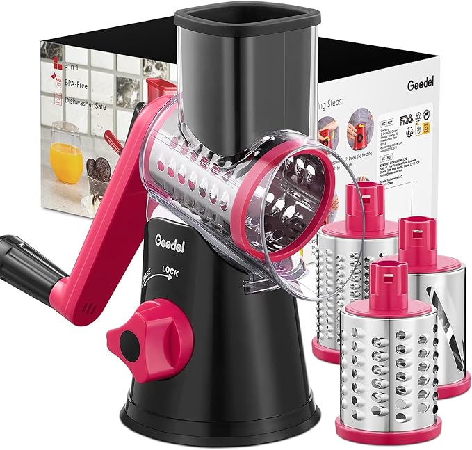 Geedel Rotary Cheese Grater, Kitchen Mandoline Vegetable Slicer with 3 Interchangeable Blades, Easy to Clean Rotary Grater Slicer for Fruit, Vegetables, Nuts by Geedel
