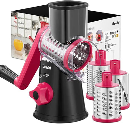 Geedel Rotary Cheese Grater, Kitchen Mandoline Vegetable Slicer with 3 Interchangeable Blades, Easy to Clean Rotary Grater Slicer for Fruit, Vegetables, Nuts by Geedel