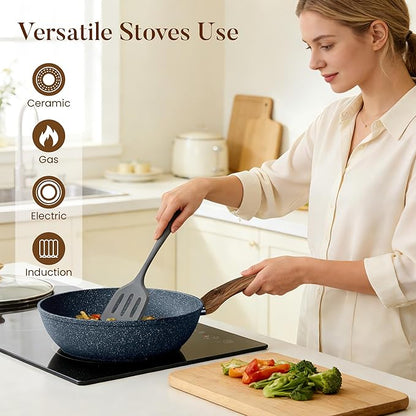 Kitchen Academy Pots and Pans Set Non Stick - 12 Piece Induction Kitchen Cookware Sets, Blue Granite Nonstick Cooking Pans Set - Image 7