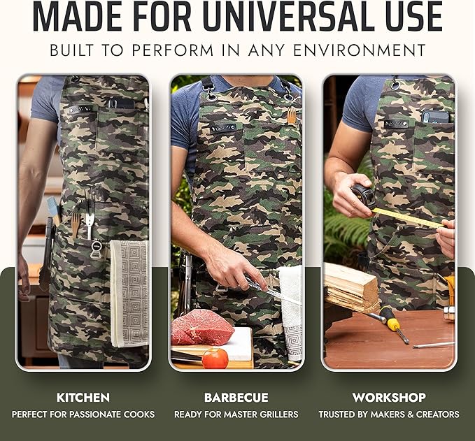Asaya Chef and BBQ Apron with Bottle Opener and Hand Towel - 10oz Cotton Canvas, Stainless Steel Hardware - Cross Back Straps - Image 7