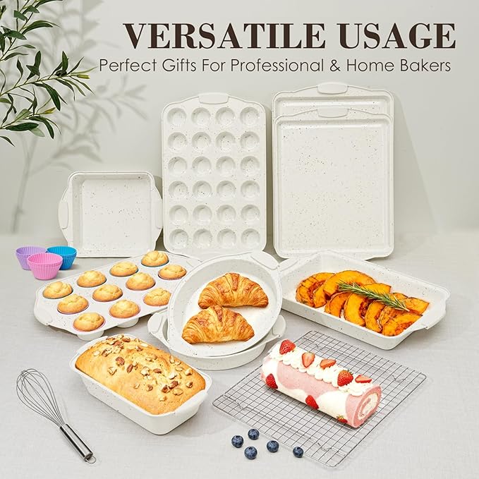 Baking Pans Set Nonstick, Stackable Bakeware Sets with Silicone Handles, AIVIKI 22 Pieces Oven Pan for Cooking Including Baking Cookie Sheet with Rack, Roast Pan, Cake Pan, Loaf Pan, Muffin Pan, Cream - Image 8
