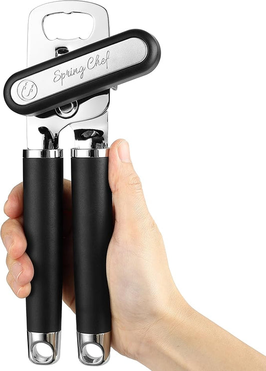 Spring Chef Stainless Steel Can Opener - Manual with Soft Grip Handles, Easy Turn, Heavy Duty Hand Can Openers for Seniors with Smooth Edge - Magnetic Lid Remover - Black by SpringChef