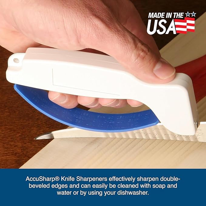 AccuSharp Knife & Tool Sharpener, Restores, Hones & Sharpens Straight & Serrated Knives, Hand-Held Tungsten Carbide Sharpening Tool, White & Blue, 1 Pack - Image 6