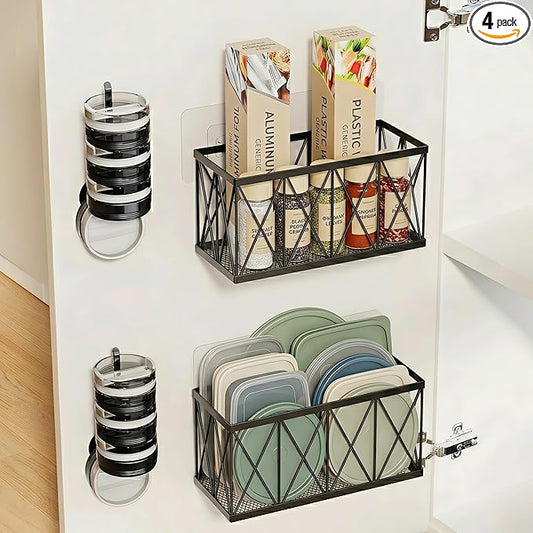 4 Pack Adhesive Cabinet Door Organizer, 2 Baskets + 2 Tumbler Lid Holders, Lid Organizer Inside Cabinet for Tupperware Pyrex Yeti Stanley, Pantry Door & Bathroom Wall Mounted Storage
