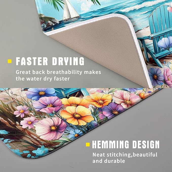Spring Summer Sea Chair Dish Drying Mat for Kitchen Counter,Coastal Beach Palm Leaf Flowers Drying Mat 16 x 18 Inch with Absorbent Reversible Microfiber Drying Pad for Coffee Bar - Image 3