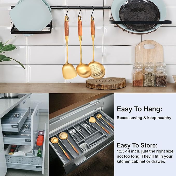 Gold Kitchen Utensils Set, 9 PCS Stainless Steel Cooking Utensils with Wood Handle, Solid and Slotted Spoon, Fork, Spatula, Ladle, Skimmer, Slotted Tunner, Spaghetti and Large Spoon - Image 5