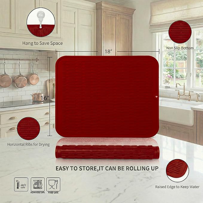 MicoYang Silicone Dish Drying Mat for Multiple Usage,Easy clean,Eco-friendly,Heat-resistant Silicone Mat for Kitchen Counter or Sink,Refrigerator or Drawer Liner Red XL 18 inches x 16 inches - Image 2