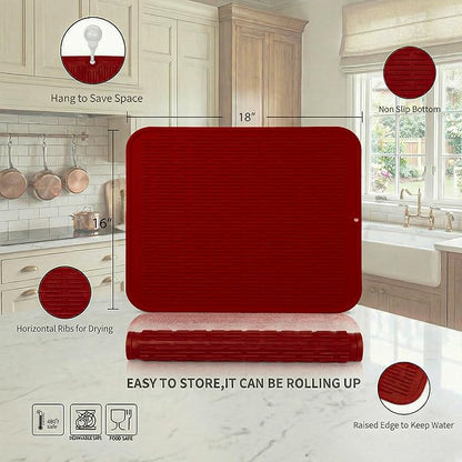 MicoYang Silicone Dish Drying Mat for Multiple Usage,Easy clean,Eco-friendly,Heat-resistant Silicone Mat for Kitchen Counter or Sink,Refrigerator or Drawer Liner Red XL 18 inches x 16 inches - Image 2