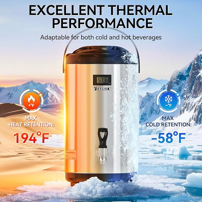 Commercial Insulated Beverage Dispenser with Stand, 2 Gallon Hot Water Dispenser, Hot & Cold Drink Dispenser Temperature Display, for Tea,Coffee(Silver) - Image 4