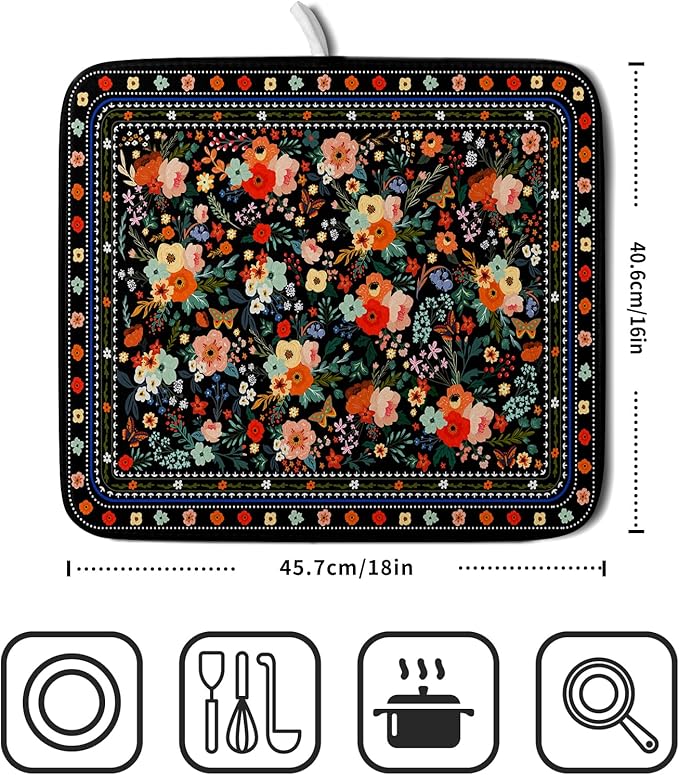 Black Flowers Dish Drying Pad Boho Floral Washable Microfiber Kitchen Mat for Home Decor - Image 2