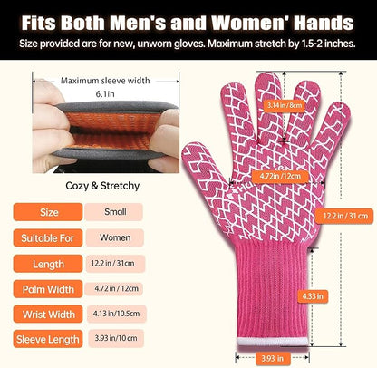 HandLove Aramid Heat Resistant BBQ Gloves – Grilling & Oven Gloves with Fingers, Silicone Grip & Long Cuffs for Cooking, Baking, and Outdoor Barbecue – Pink, Small
