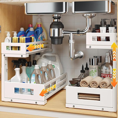 L-Shaped Metal Under Sink Organizer, 2-Tier Double Pull-Out Cabinet Organizer for Kitchen & Bathroom Storage, Height Adjustable, Smooth Cylinder Rail, White, 2 Packs by UnderSinkOrganizer