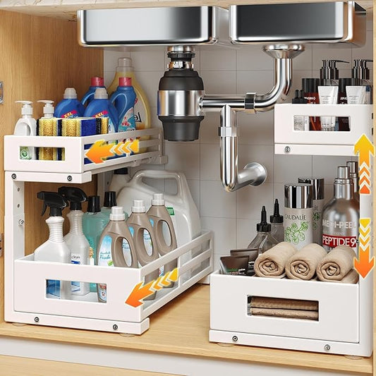 L-Shaped Metal Under Sink Organizer, 2-Tier Double Pull-Out Cabinet Organizer for Kitchen & Bathroom Storage, Height Adjustable, Smooth Cylinder Rail, White, 2 Packs by UnderSinkOrganizer