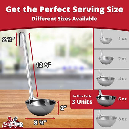 Super Sturdy, Ergonomic 6 Oz. Soup Ladle 3 Pk. Stainless Steel Ladles with Long Handles. Best Kitchen Accessories for Stirring, Portioning and Serving Soups, Chili and Stew in Restaurants and at Home - Image 2