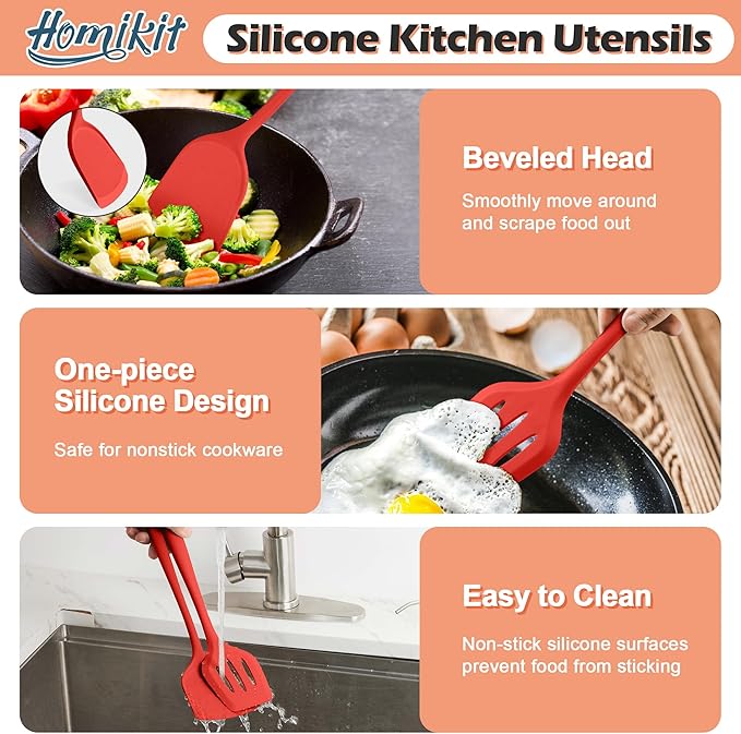 Kitchen Cooking Utensils Set with Holder, Homikit 15-Piece Silicone Spatula Set for Nonstick Cookware, 446°F Heat Resistant Spoon Turner Tong Whisk Brush for Cooking and Baking-Red - Image 9