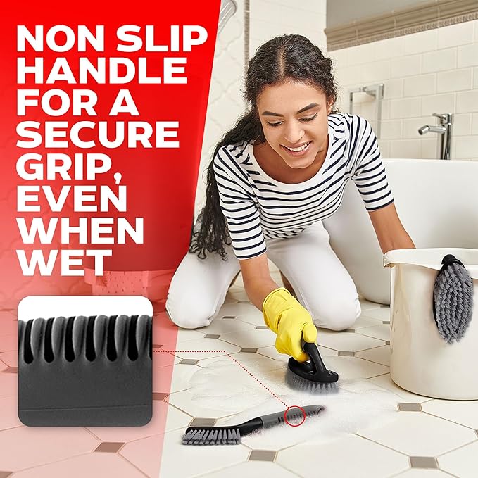 Scrub Brush Set of 6 pcs - Cleaning Shower Scrubbers with Squeegee for Shower Glass and Adhesive Wall Hooks Including Grout Cleaner Brush, Scrub Brushes for Cleaning Bathroom, Shower, Tile, Bathtub - Image 4