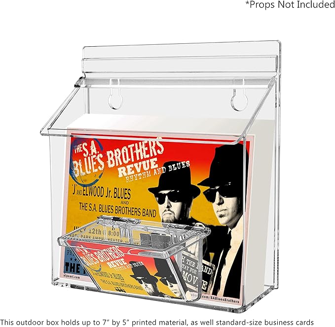 Marketing Holders Outdoor Brochure Holder Holds 7.5" x 5.5" Advertising Postcards and 3.5" x 2" Business Cards Clear Acrylic Wall Mount Box with Lid Includes Take One Sticker and Adhesive Strips