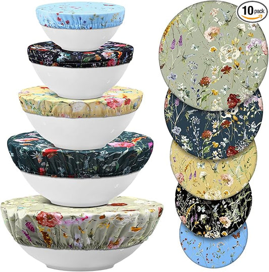 Patelai 10 Pcs Bowl Covers Reusable in 5 Size Stretch Cloth Fabric Elastic Food Storage Bowl Covers Bread Sourdough Lids for Proofing Food Fruits Leftover (Colorful,Rich Flowers) by Patelai