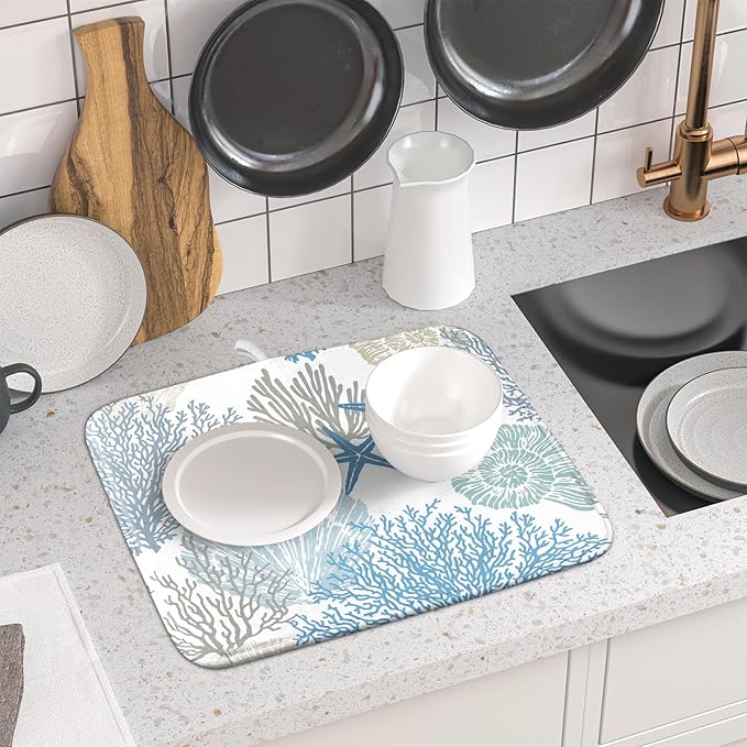 Nautical Dish Drying Mat for Kitchen Counter Coastal Seashell Starfish Summer Microfiber Absorbent Dish Draining Reusable Washable Foldable 16"x18" - Image 6