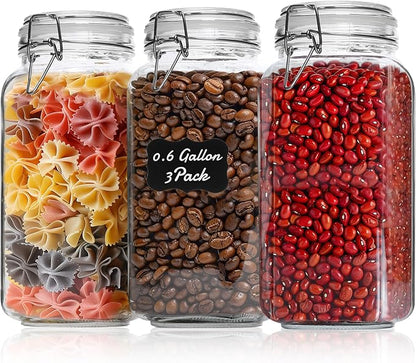ComSaf 3-Pack 78oz Large Square Airtight Glass Jars for Bulk Food, Holds a 4lb Bag of Sugar or 5lb of Rice, Wide Mouth Canister for Flour, Coffee & Pantry Organization by ComSaf