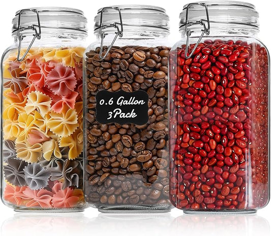 ComSaf 3-Pack 78oz Large Square Airtight Glass Jars for Bulk Food, Holds a 4lb Bag of Sugar or 5lb of Rice, Wide Mouth Canister for Flour, Coffee & Pantry Organization by ComSaf