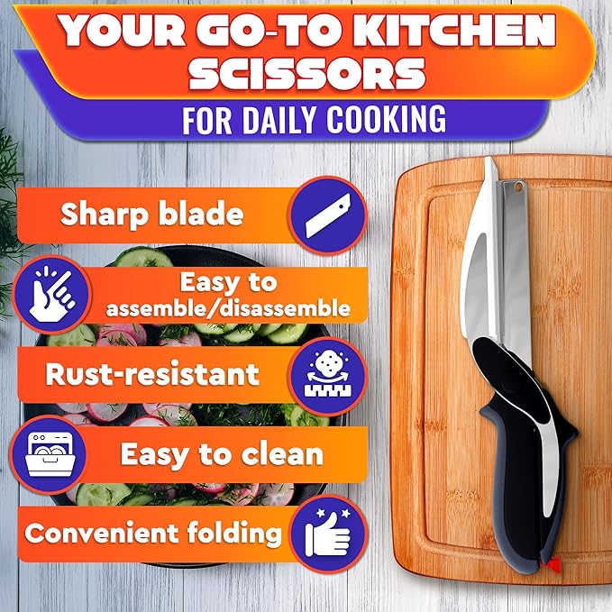 2 in 1 Kitchen Scissors for Food – Stainless Steel Blade & Plastic Cutting Board Scissors with Safety Lock | 9.5" Tomato Knife, Fruit & Vegetable Cutter – Easy-to-Use Kitchen Shears for Meat, Cheese - Image 6