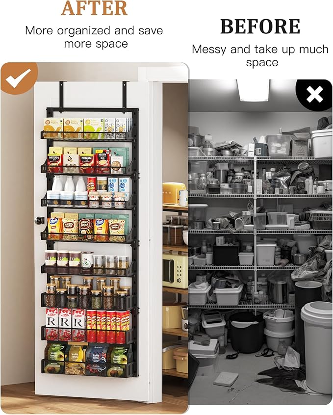 POKIPO 8-Tier Over the Door Pantry Organizer, Large Metal Door Spice Rack with Adjustable Basket, 2 in 1 Wall Mount or Hanging Heavy-Duty Pantry Door Storage Shelf for Kitchen and Bathroom, Black - Image 3