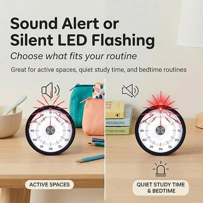 Searon Quiet Visual Timer with Magnet, Countdown Timer with Rainbow Disk and LED Alert, Easy Time Management for Home, Office, Kitchen & Study Desk (Black)