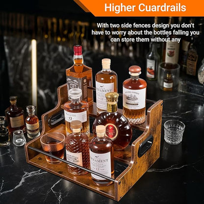 YQBRAO [Upgraded Rustic Wood Liquor Bottle Display Shelf, 3-Tier Liquor Shelf for Bar Counter, Coffee Syrup Rack Organizer with Handles & Metal Guardrail, Bar Bottle Stand for Home, Kitchen, Cafe