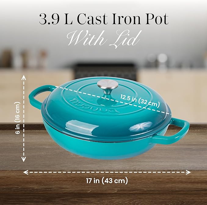 Shallow Cast Iron Casserole with Lid – Non Stick Dutch Oven Pot, Oven Safe up to 500° F – Sturdy Ovenproof Stockpot Cookware – Enamelled Cooking Pot – Teal, 5-Quart, 32cm – by Nuovva