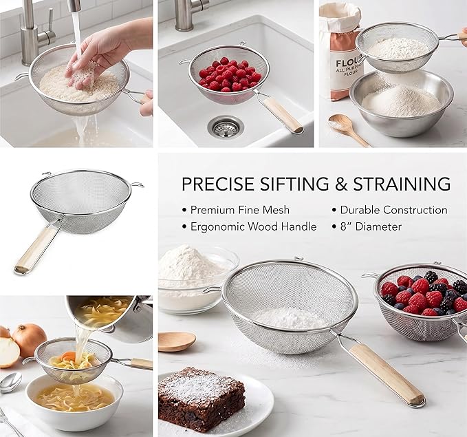 Huji 8-Inch Stainless Steel Double Mesh Food Strainer Colander - Fine Sieve Sifter with Wooden Handle for Kitchen Cooking, Pasta, Rice, Noodles, and More - Image 6