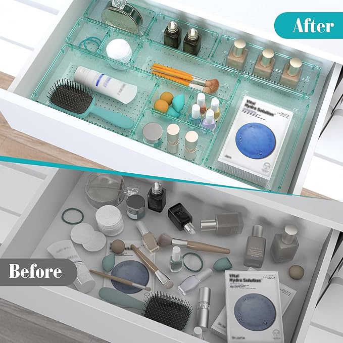 StorMiracle 13 PCS Clear Plastic Drawer Organizers Set, 4 Size Desk Drawer Organizer Trays for Makeup, Jewelry, Kitchen Utensils, Gadgets and Office Accessories, Sea Blue - Image 4