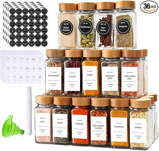 DIMBRAH Spice Jars with Label-4oz 36Pcs, Glass Spice Jars with Bamboo Lids, Container Set with White Printed Labels,Kitchen Empty Jars with Shaker Lids by DIMBRAH%EF%BC%8CKitchenDining