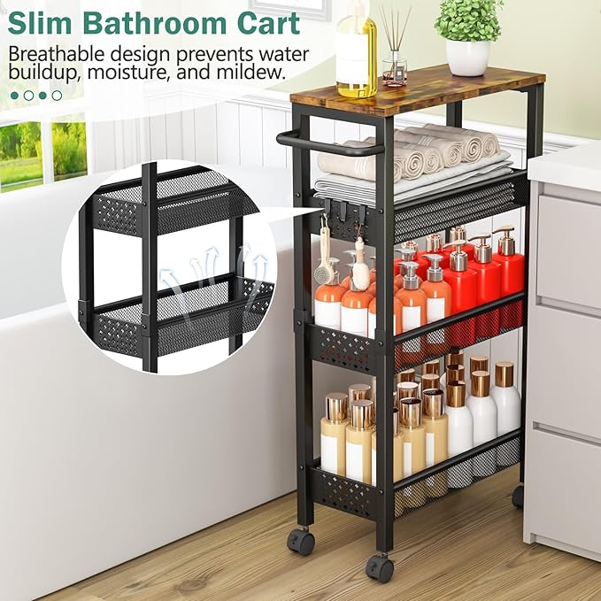 Vivihomety Utility Slim Storage Cart with Wheels, 4 Tier Small Rolling Cart with Wood Top, Metal Kitchen Bathroom Laundry Room Organization Trolley with Handle for Narrow Space – Black - Image 3