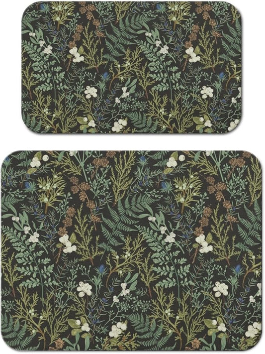 Dish Drying Mat for Kitchen Counter 2 Pack with Non-Slip Rubber Backing - Heat-Resistant Absorbent Coffee Bar Mat, Dish Rack Mat, Green Plants Dish Drying Mats 18x24+19.5x12 inch