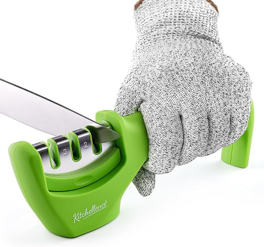 4-in-1 Kitchen Knife Accessories: 3-Stage Knife Sharpener Helps Repair, Restore and Polish Blades and Cut-Resistant Glove by KITCHELLENCE