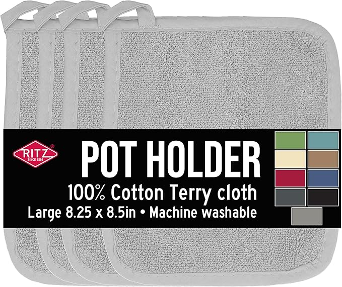 RITZ Terry Potholder & Hot Pad: Unparalleled Heat Resistant, Durable 100% Cotton – Ergonomically Designed for Optimal Grip – Easy-Care Machine Washable – 4-Pack, Titanium Grey by Ritz+Foodservice