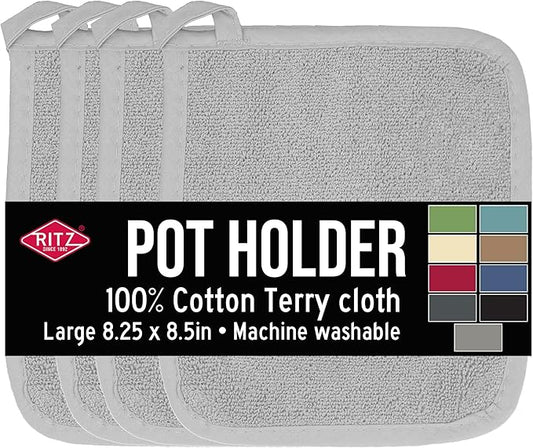 RITZ Terry Potholder & Hot Pad: Unparalleled Heat Resistant, Durable 100% Cotton – Ergonomically Designed for Optimal Grip – Easy-Care Machine Washable – 4-Pack, Titanium Grey by Ritz+Foodservice