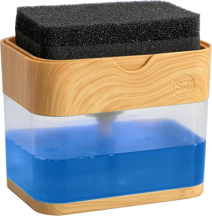 S&T INC. Dish Soap Dispenser and Sponge Holder for Kitchen Sink, Waterproof Labels and Sponge Included, 13 Ounces, Plastic, Bamboo by STINC
