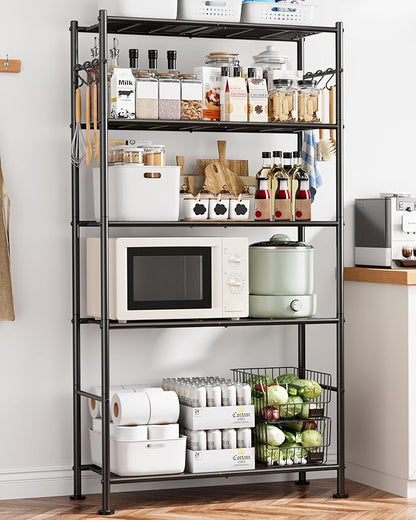 Sakugi Storage Shelves - 5-Tier Large Capacity Shelf Organizer with Hooks, Heavy-Duty Garage Shelving with Leveling Feet, Wobble-Free Rack for Bedroom, Balcony, Garage, 32.1"×12.4"×71.4", Black - Image 2