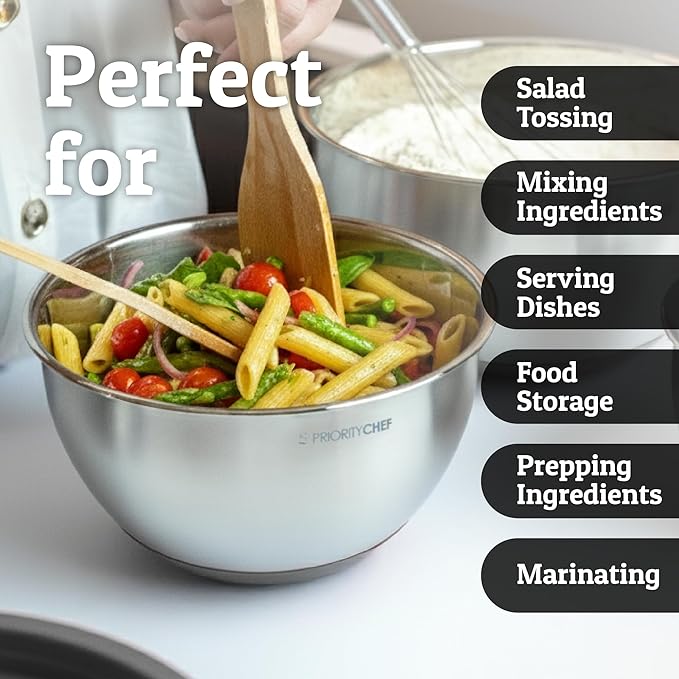 Priority Chef Stainless Steel Mixing Bowls with Lids Set, Metal Nesting Bowls with Airtight Lids, Graters, Non-Slip Base & Measurement Marks, Includes Utensil Set for Prep, Baking & Storage, Grey - Image 9
