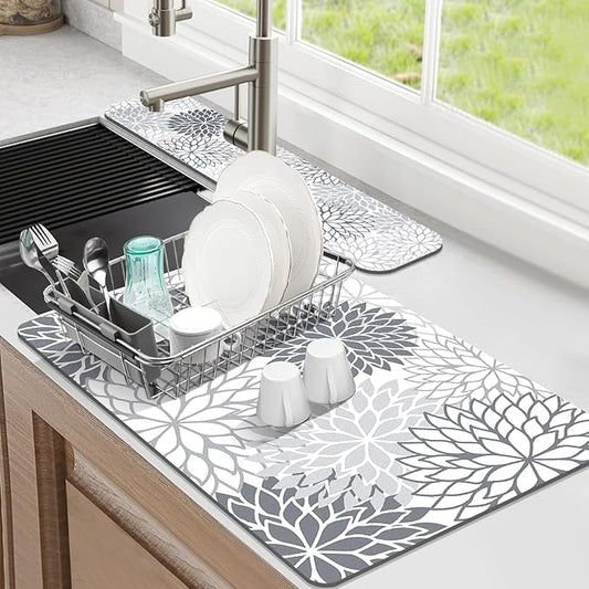 Findosom 2PCS 16" x 24" Dish Drying Mat & 24" x 5.5" Sink Splash Guard, Super Absorbent & Cuttable Dish Mat Drying Kitchen Mat with Gray Floral, Hide Stain Drying Mat for Kitchen Counter by Findosom