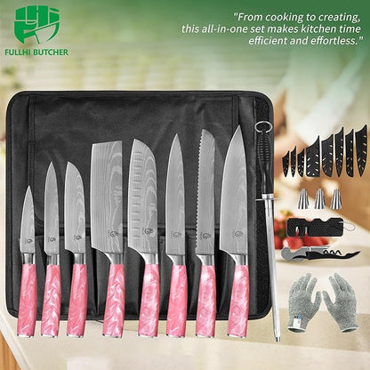FULLHI 15pcs Japanese Knife Set with Magnetic Knife Block Holder, Japan Stainless Steel Blades, Ergonomic Handles for Professional and Home Cooking (Pink, Knife set)