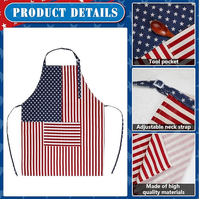 SATINIOR USA 4th of July Flag Kitchen Chef Hat Adjustable Apron 250th Independence Day Apron Patriotic Aprons for Men Women