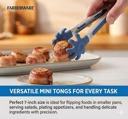Farberware Mini Kitchen Tongs, Silicone Tips, Flexible Grip Handles, Locking Mechanism for Easy Storage, Blue and Gray, Dishwasher Safe for Cooking and Serving, 7 Inch, Set of 2