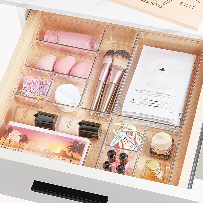 Vtopmart 44 PCS Clear Plastic Drawer Organizers Set, 4-Size Versatile Bathroom and Vanity Organizer Trays, Non-Slip Storage Containers for Makeup, Jewelries, Bedroom，Kitchen Utensils and Office - Image 3