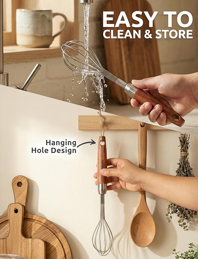 Egg Whisk, 10" Long Wire Whisk Stainless Steel, Small Balloon Whisking Tool with Wooden Handle, Perfectly Sized for 1-Cup Measuring Cups, Scrambling Eggs & Small Sauces
