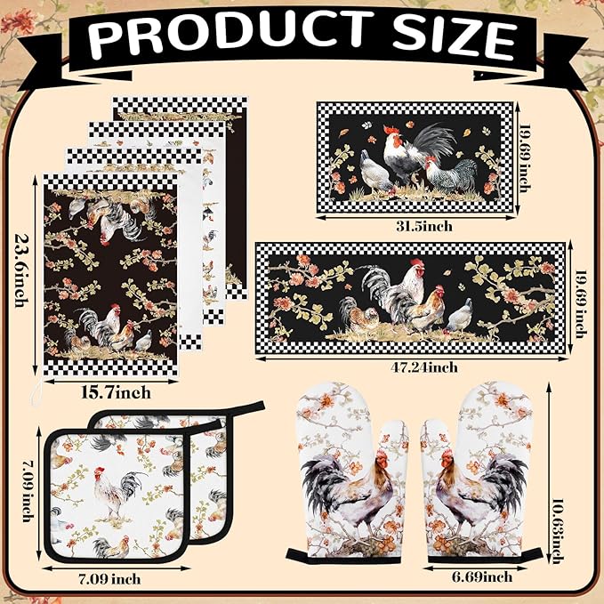 Fourluoo 10 Pcs Rooster Kitchen Dish Towels Rugs Oven Mitts and Pot Holders Set Farmhouse Kitchen Decor Set for Women Mom Daughter Gift Cooking Baking Grilling (Vintage Black White)