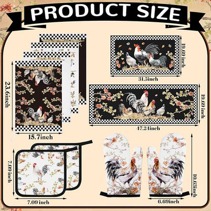 Fourluoo 10 Pcs Rooster Kitchen Dish Towels Rugs Oven Mitts and Pot Holders Set Farmhouse Kitchen Decor Set for Women Mom Daughter Gift Cooking Baking Grilling (Vintage Black White)