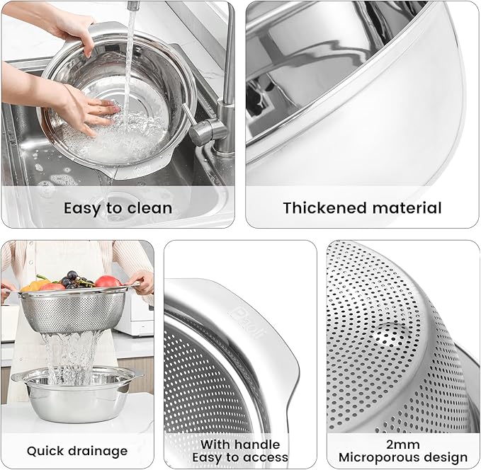 304 Stainless Steel Microporous Colander with Handle, Rice Washers Microporous Strainer Set For washing vegetables, fruits and rice, and draining cooked pasta. - Image 5